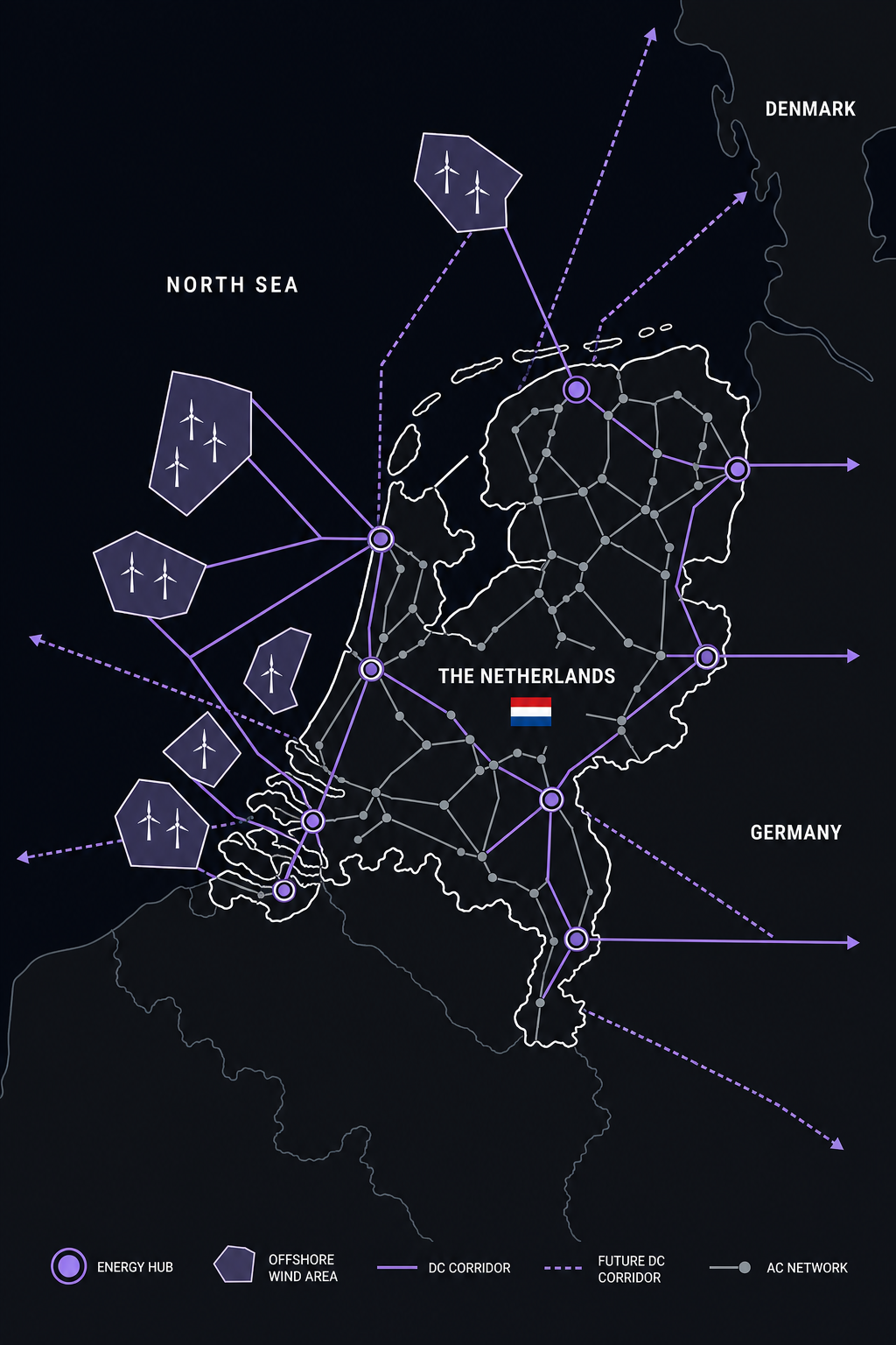Conceptual map highlighting the Netherlands, its transmission network, North Sea wind areas, energy hubs and regional corridors