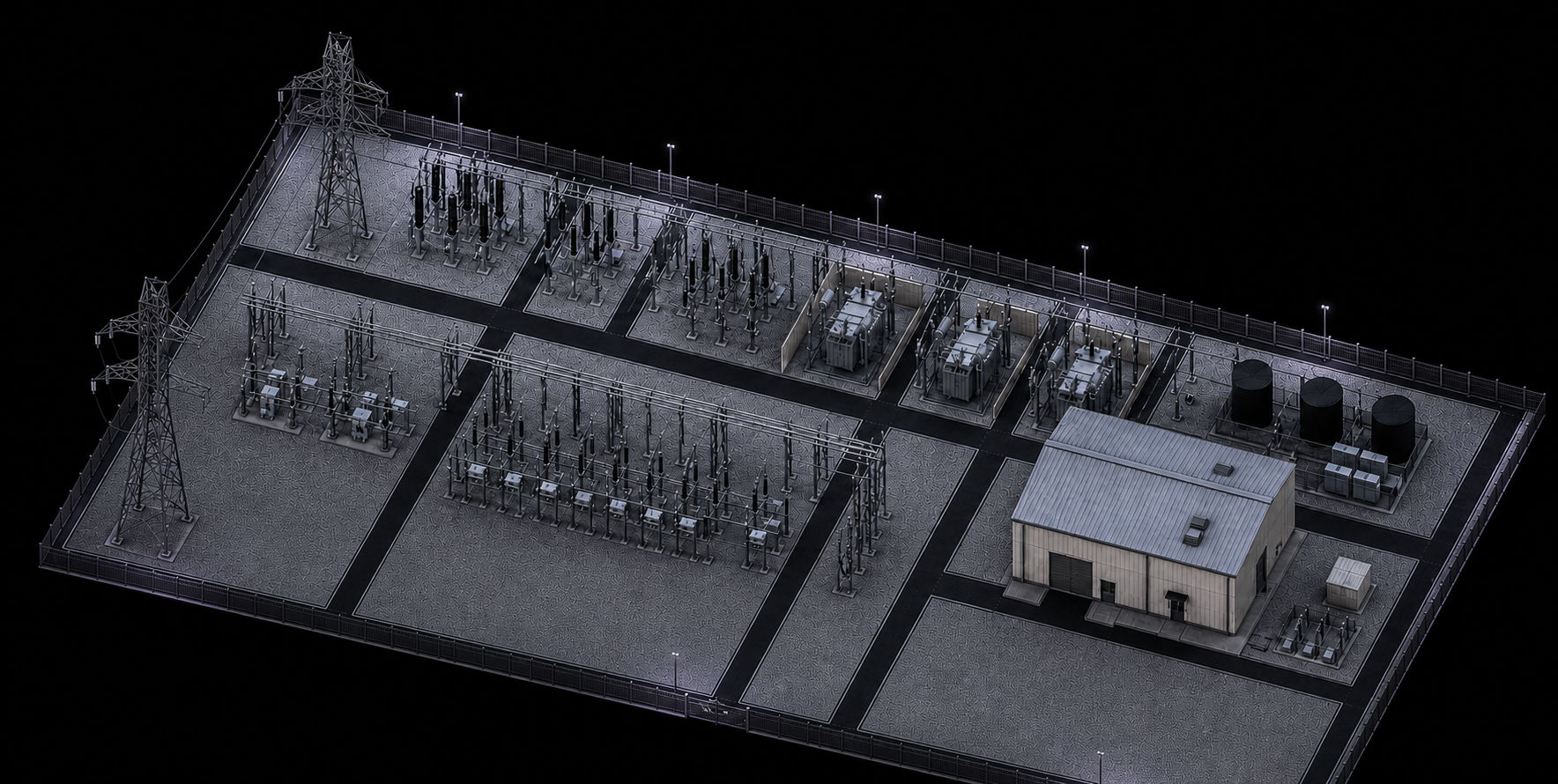 Isometric engineering view of a secured grid management facility and high voltage infrastructure